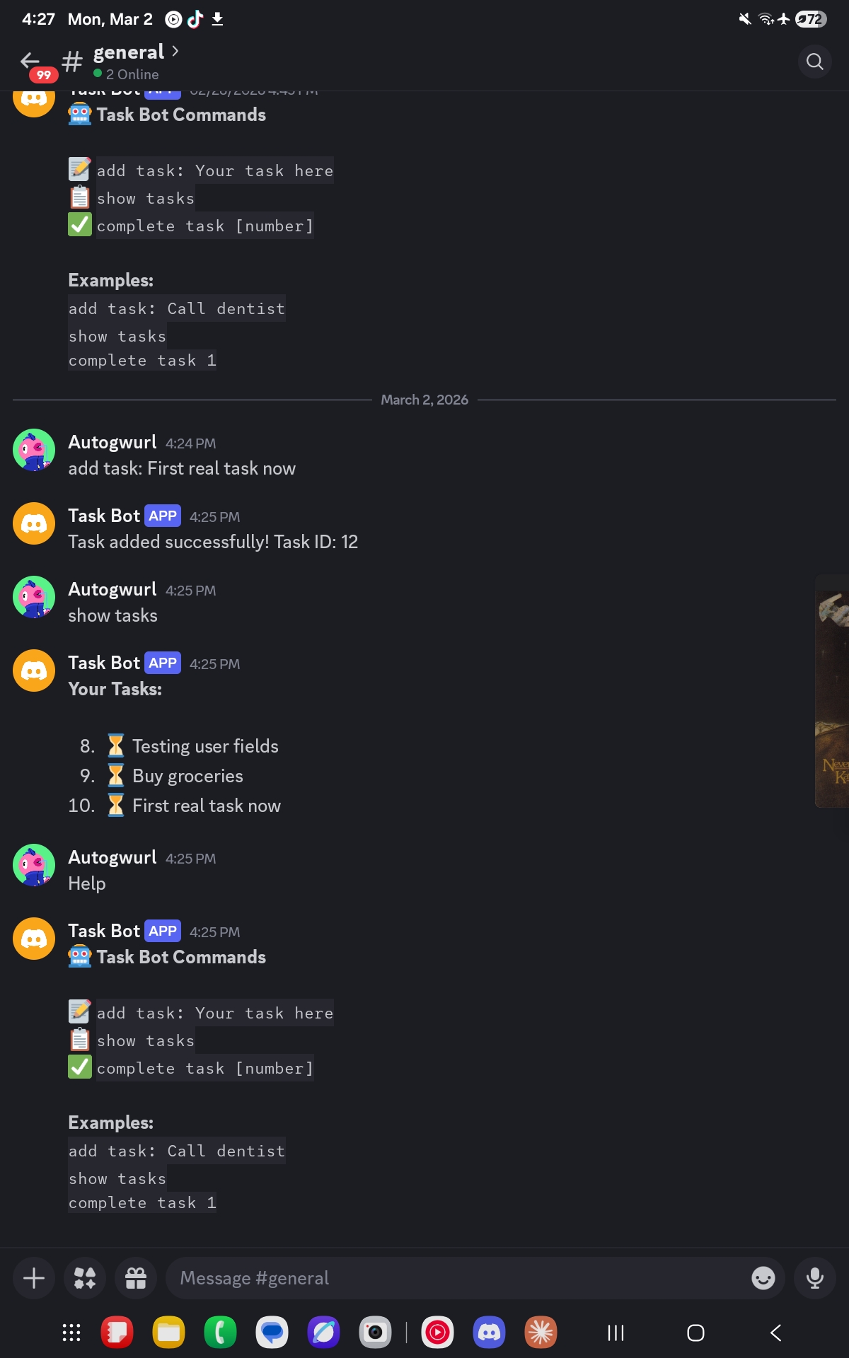 Discord bot conversation showing add task and show tasks commands