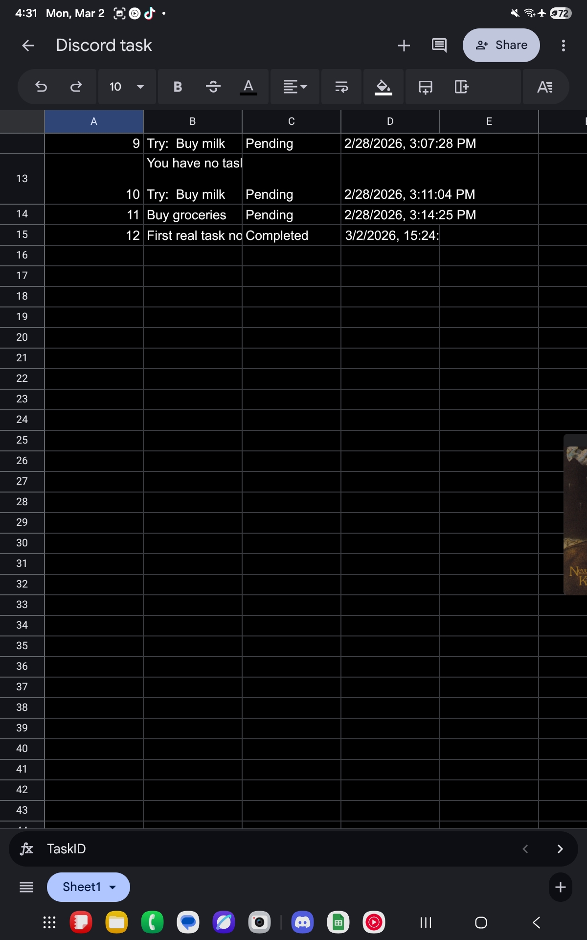 Google Sheets database with tasks synced from Discord