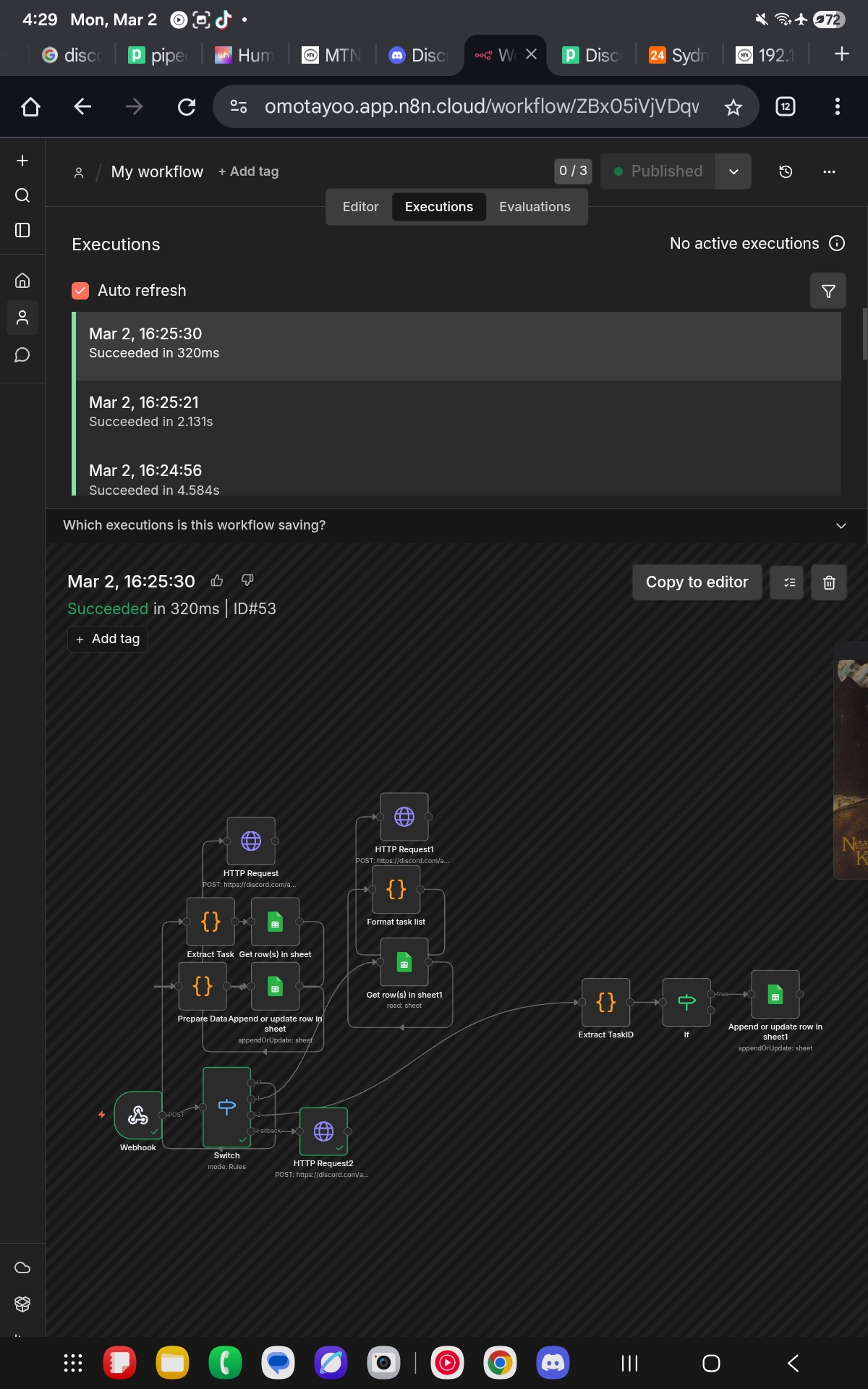 n8n workflow canvas showing the full Discord bot automation