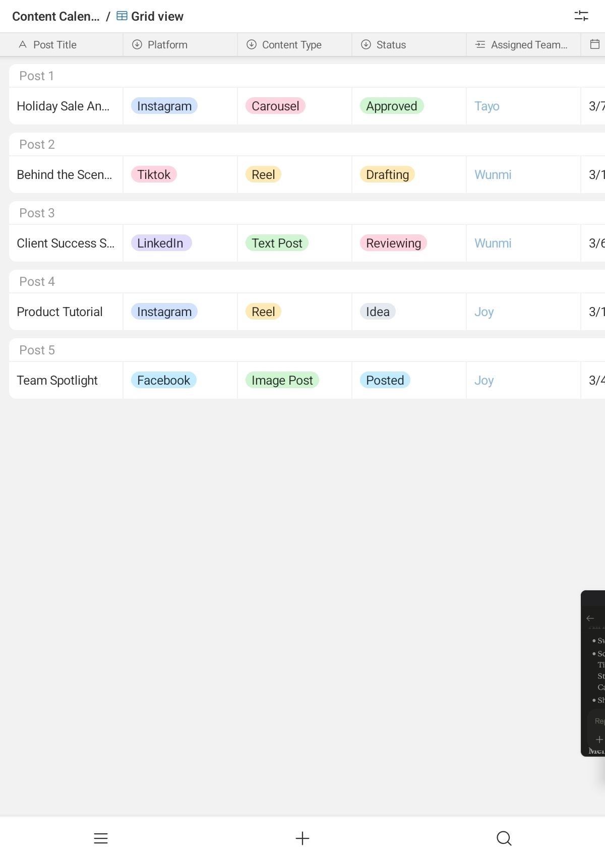 Airtable Grid View — full content calendar