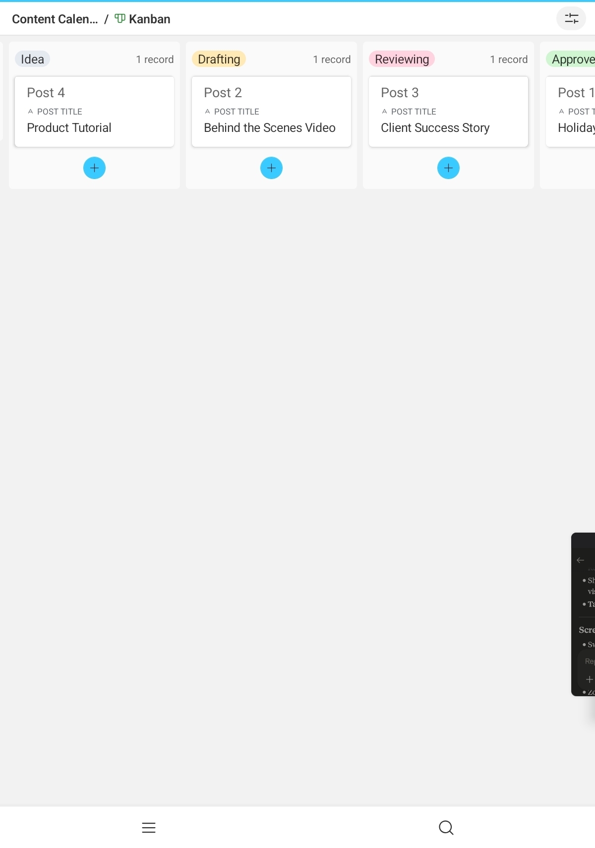 Airtable Kanban Board — content moving through stages